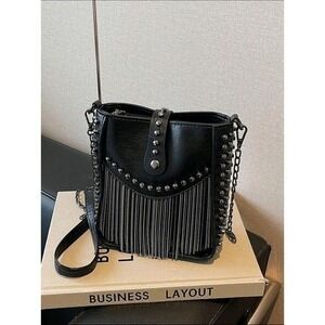 Black faux leather Fringe Crossbody Bag  Studded Details  Trendy Shoulder Purse